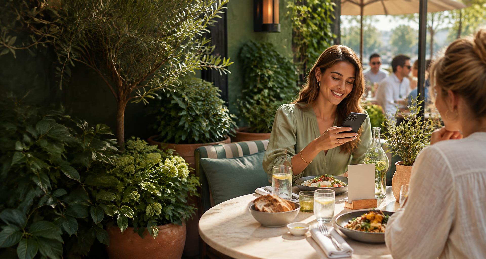 Een gast met een telefoon aan tafel in een restaurant